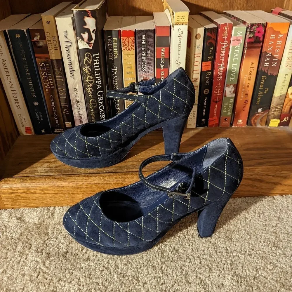 MARCHEZ Vous quilted blue suede thick heel ankle strap platform shoes sz 9.5 euc
